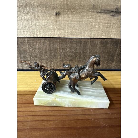 Vintage Gladiator Roman Warrior With Chariot And Horses Copper Metal On Marble - Picture 6 of 10